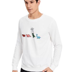 WDIRARA Men's Cartoon Dinosaur Graphic Print Long Sleeve Round Neck Sweatshirt White M