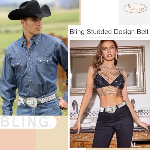 JASGOOD Rhinestone Studded Belt for Men Women, Western Leather Belt for Cowgirl Cowboy Vintage Bling Belt for Pants Dress