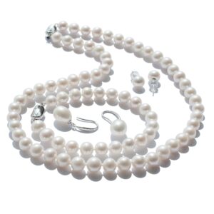 freshwater cultured pearl set jewelry for women includes pearl bracelet, stud earrings and drop dangle earrings high luster aaa quality genuine round white pearl strand necklace set mother