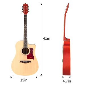 AODSK Acoustic Guitar Beginner 41 Inch Full Size Solid Spruce Top Guitarra Bundle Kit with Gig Bag Tuner Capo Picks String Strap,Right Hand Natural