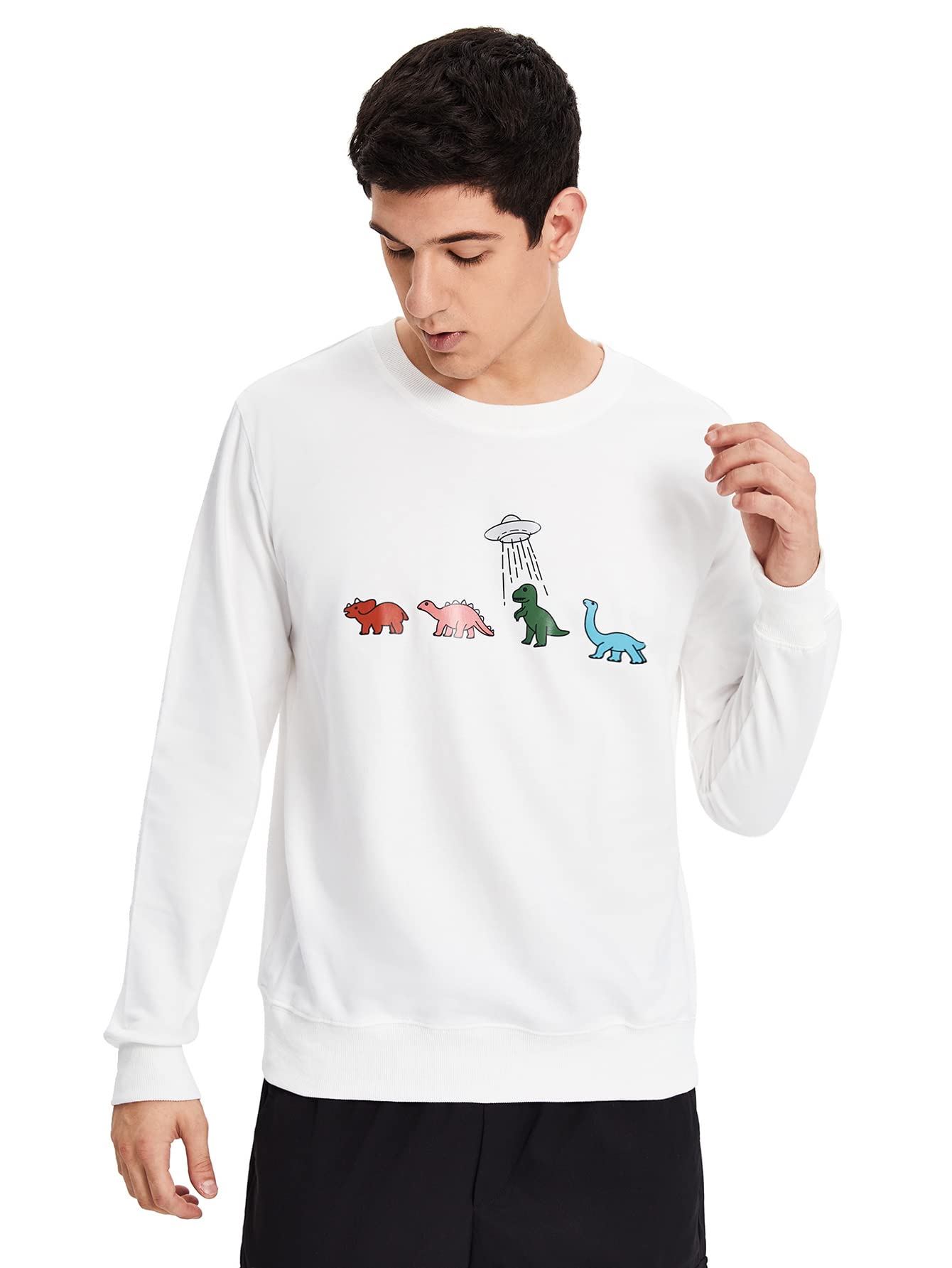 WDIRARA Men's Cartoon Dinosaur Graphic Print Long Sleeve Round Neck Sweatshirt White M