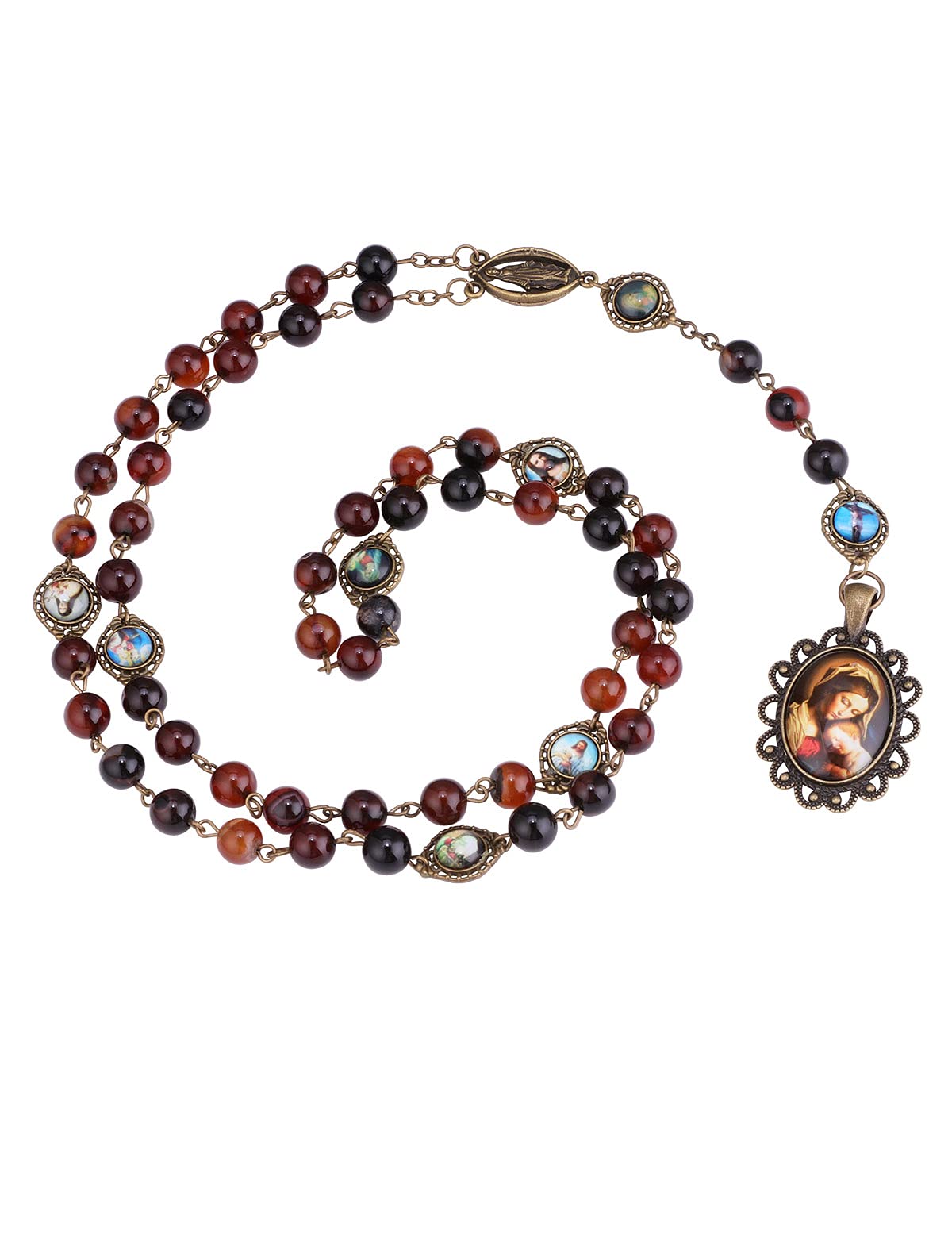 diyalo Servite Rosary of the Seven Sorrows 7 Prayer Beads Chain Religious Holy Blessed Virgin Mary Pendant Y-Necklace (Dark Brown Agate Beads)