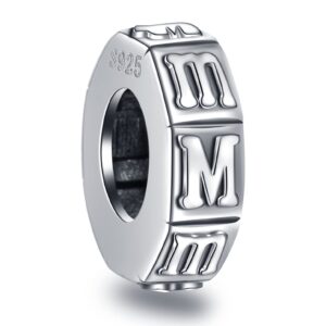 letter m spacer charms, initial m alphabet rubber stopper beads in antique 925 sterling silver, fits pandora mothers day bracelet, personalized gift for mama/mom in law/mother