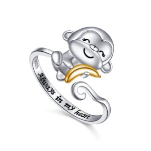 FLYOW 925 Sterling Silver Engraved Always In My Heart Cute Animal Wise Monkey with Banana Adjustable Ring Birthday Jewelry for Women, Size 6