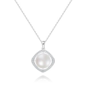 925 Sterling Silver Pearl Pendant Necklace | Freshwater Cultured White 9.5-10mm Real Pearl with Cubic Zirconia for Girl&Women-AKOCIDY