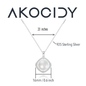 925 Sterling Silver Pearl Pendant Necklace | Freshwater Cultured White 9.5-10mm Real Pearl with Cubic Zirconia for Girl&Women-AKOCIDY