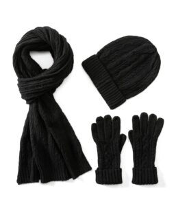 villand 3 in 1 womens wool hat gloves & scarf winter set, 3 piece cable knitted beanie hat for women with gift box, black