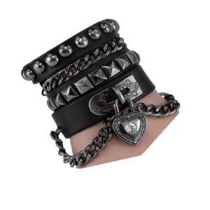 perfect 4u rivet bracelet multilayer black leather cuff heart pendant bangle studded chain wrist punk sports rock bracelet adjustable (black heart)