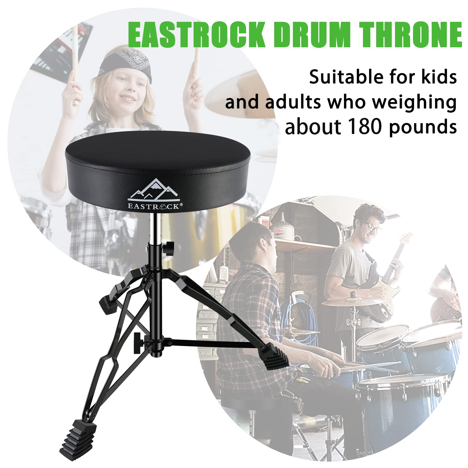 EASTROCK Drum Throne,Padded Drum Seat Drumming Stools with Anti-Slip Feet for Adults and Kids Drummers (Dark Black)