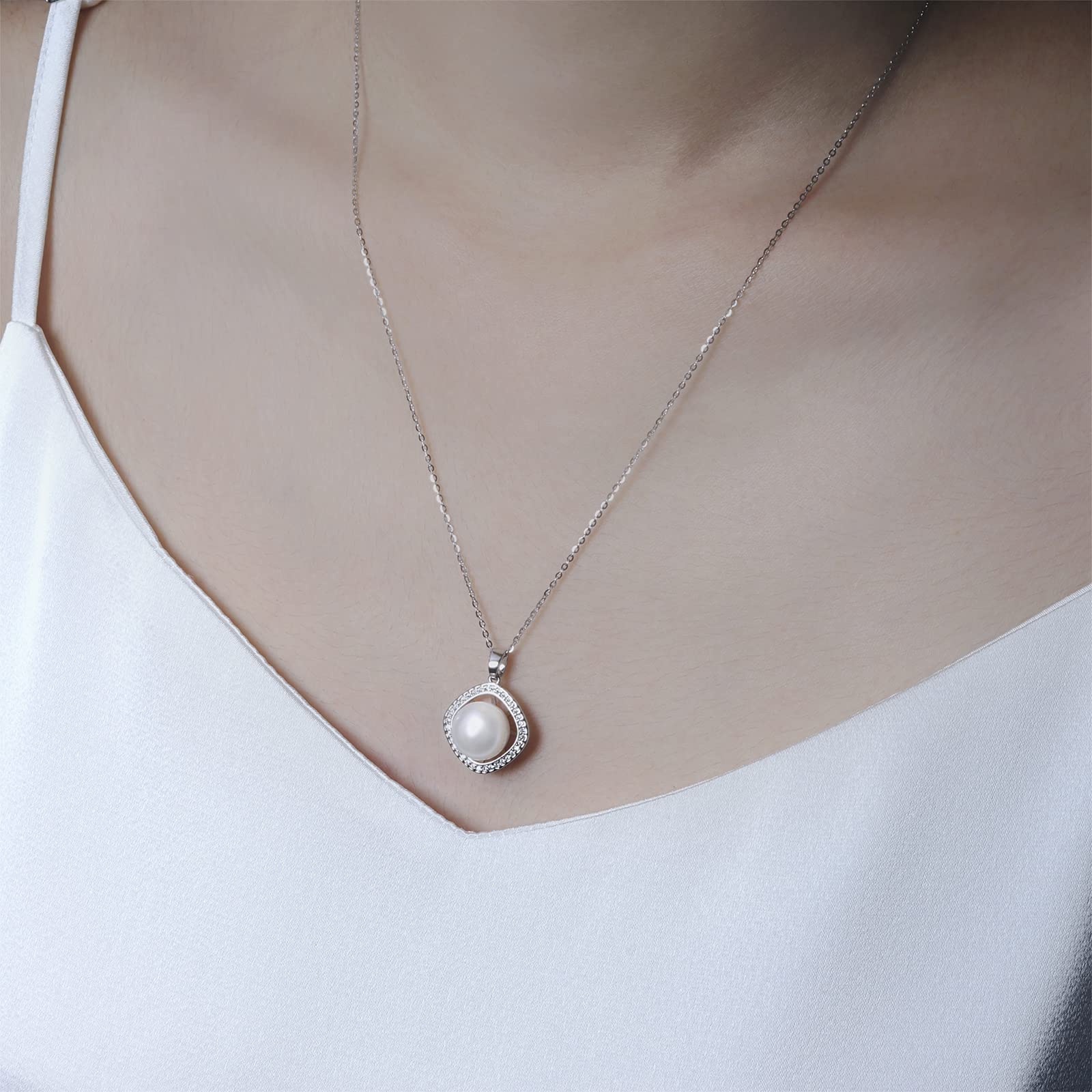 925 Sterling Silver Pearl Pendant Necklace | Freshwater Cultured White 9.5-10mm Real Pearl with Cubic Zirconia for Girl&Women-AKOCIDY