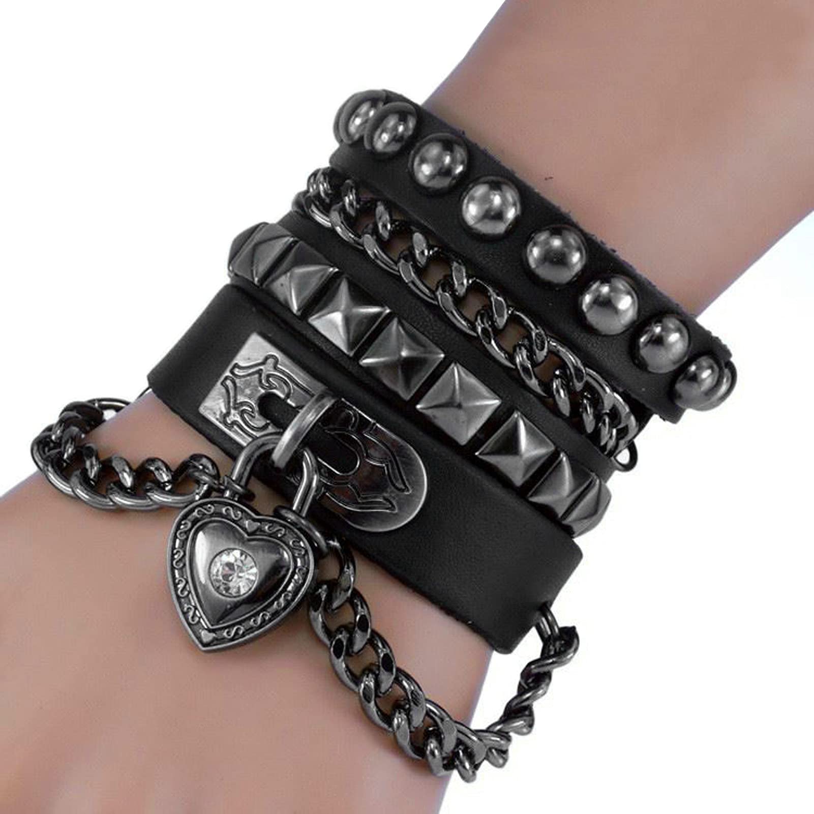 Perfect 4U Rivet Bracelet Multilayer Black Leather Cuff Heart Pendant Bangle Studded Chain Wrist Punk Sports Rock Bracelet Adjustable (Black Heart)