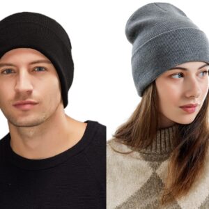 2-Pack Men's Standard Daily Beanie Hat Classic Cuffed Plain Skull Knit Winter Cap for Men & Women Warm Snug Slouchy Soft Headwear Unisex (Black&Dark Grey 2pcs)