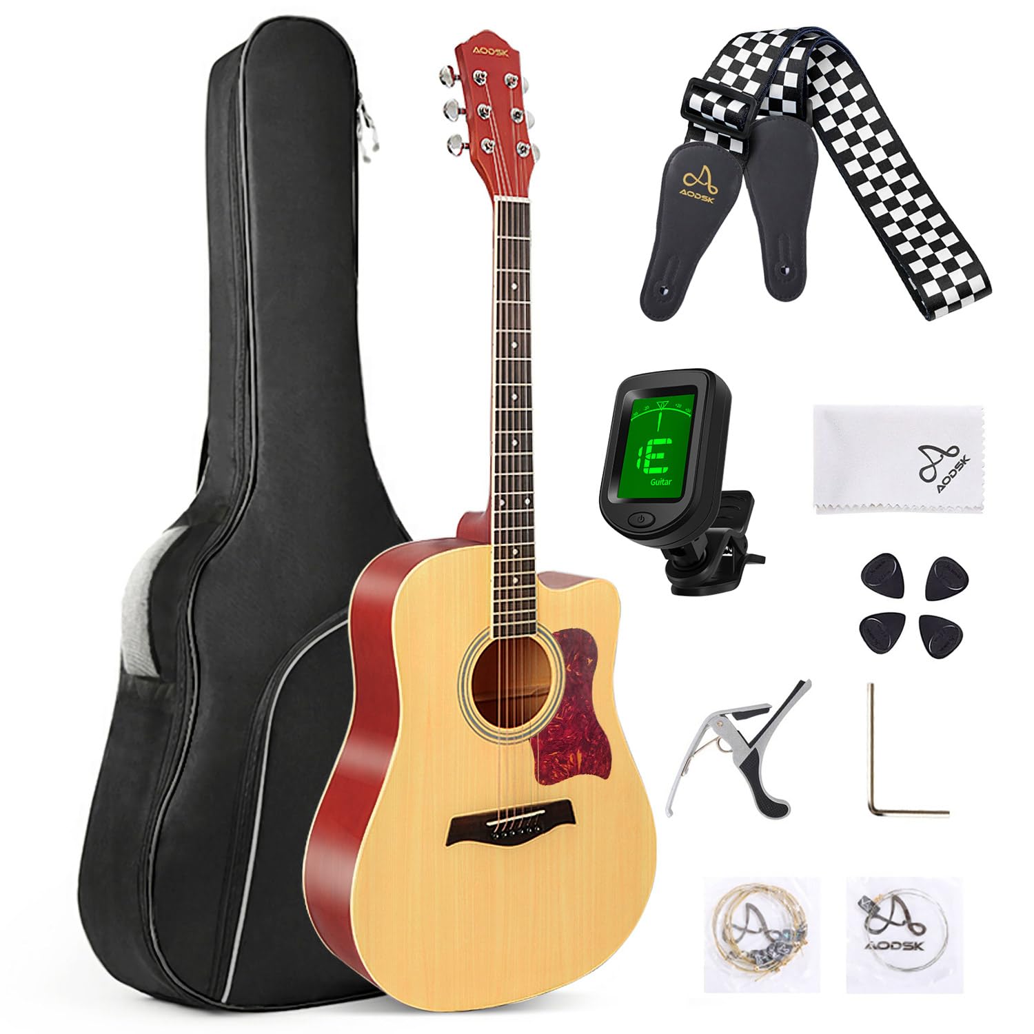 AODSK Acoustic Guitar Beginner 41 Inch Full Size Solid Spruce Top Guitarra Bundle Kit with Gig Bag Tuner Capo Picks String Strap,Right Hand Natural