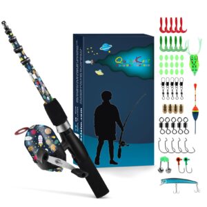 qudrakast kids fishing poles for boys girls under 10, portable telescopic fishing rod and reel combo kit with spincast fishing reel tackle box, universe travel pattern