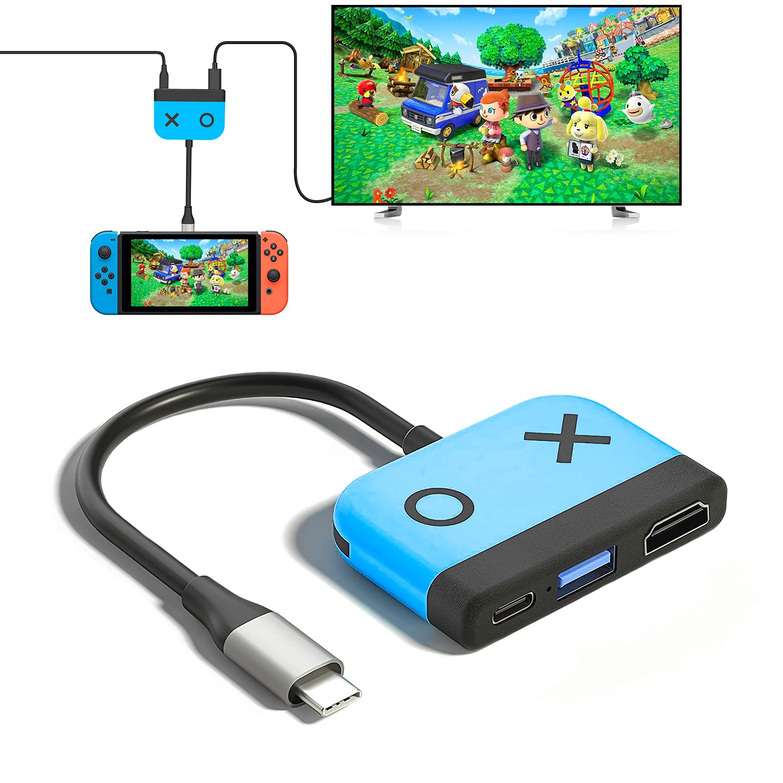 Switch Dock USB Type C to HDMI Adapter Multi-Port Hub for Switch, Portable Switch Charging Dock Station with HDMI and USB 3.0 Port for Switch, PC (Blue)