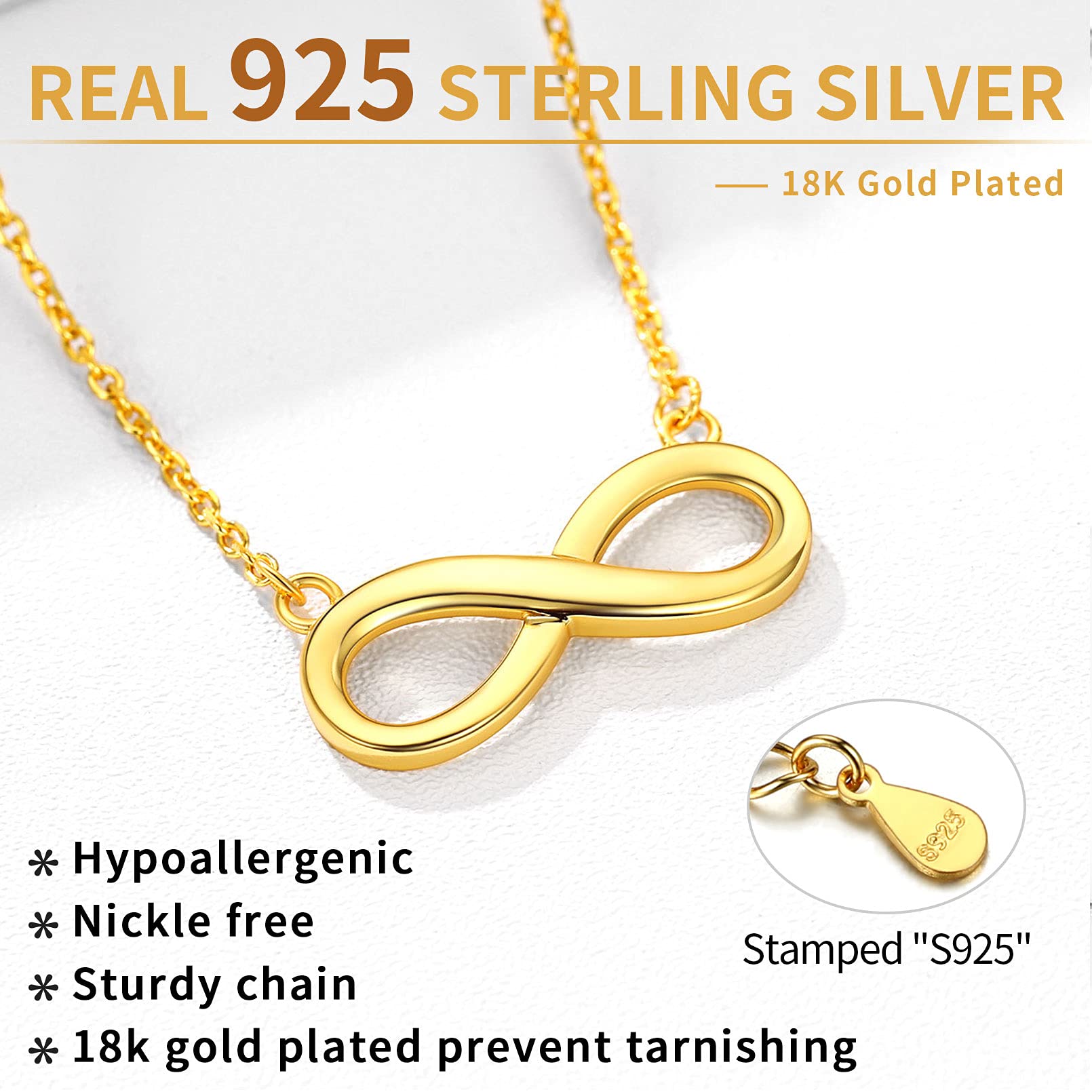 ChicSilver Gold Infinity Necklace for Women 925 Sterling Silver Pendant Necklace Dainty Gold Charm Necklace for Wome