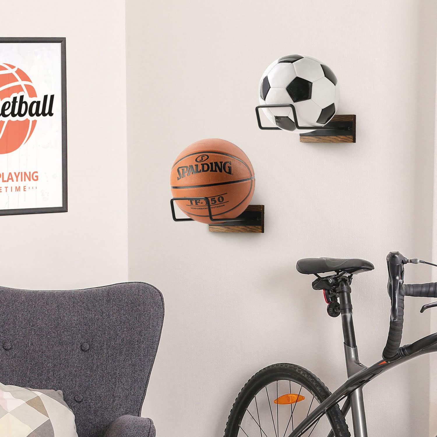 MyGift Black Metal Multi Sports Ball Storage Rack with Burnt Wood Wall Mount Backing, Exercise Ball, Medicine Ball, Basketball Display Holders, Set of 2