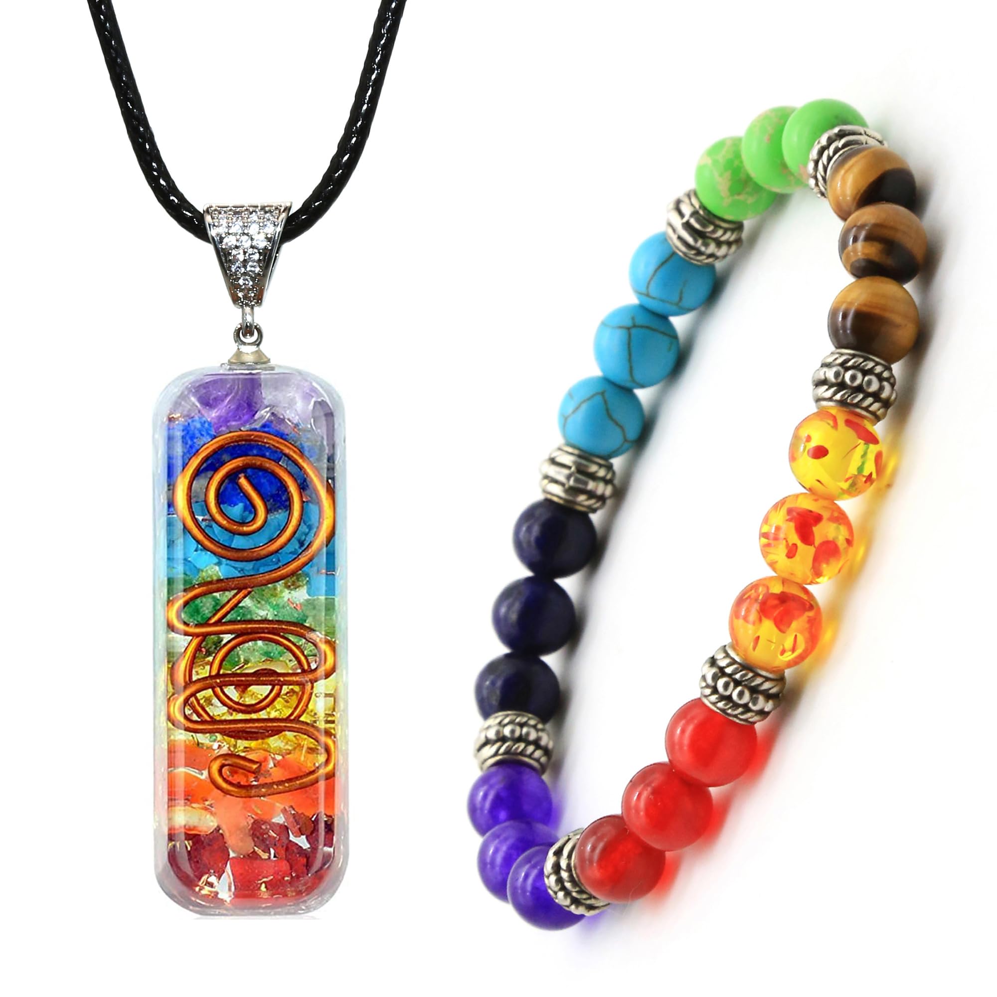 HEDQFM 7 Chakra Necklace Bracelet Orgone Energy Protection and Spiritual Healing Pendant Necklaces Bracelets Set for Women Men