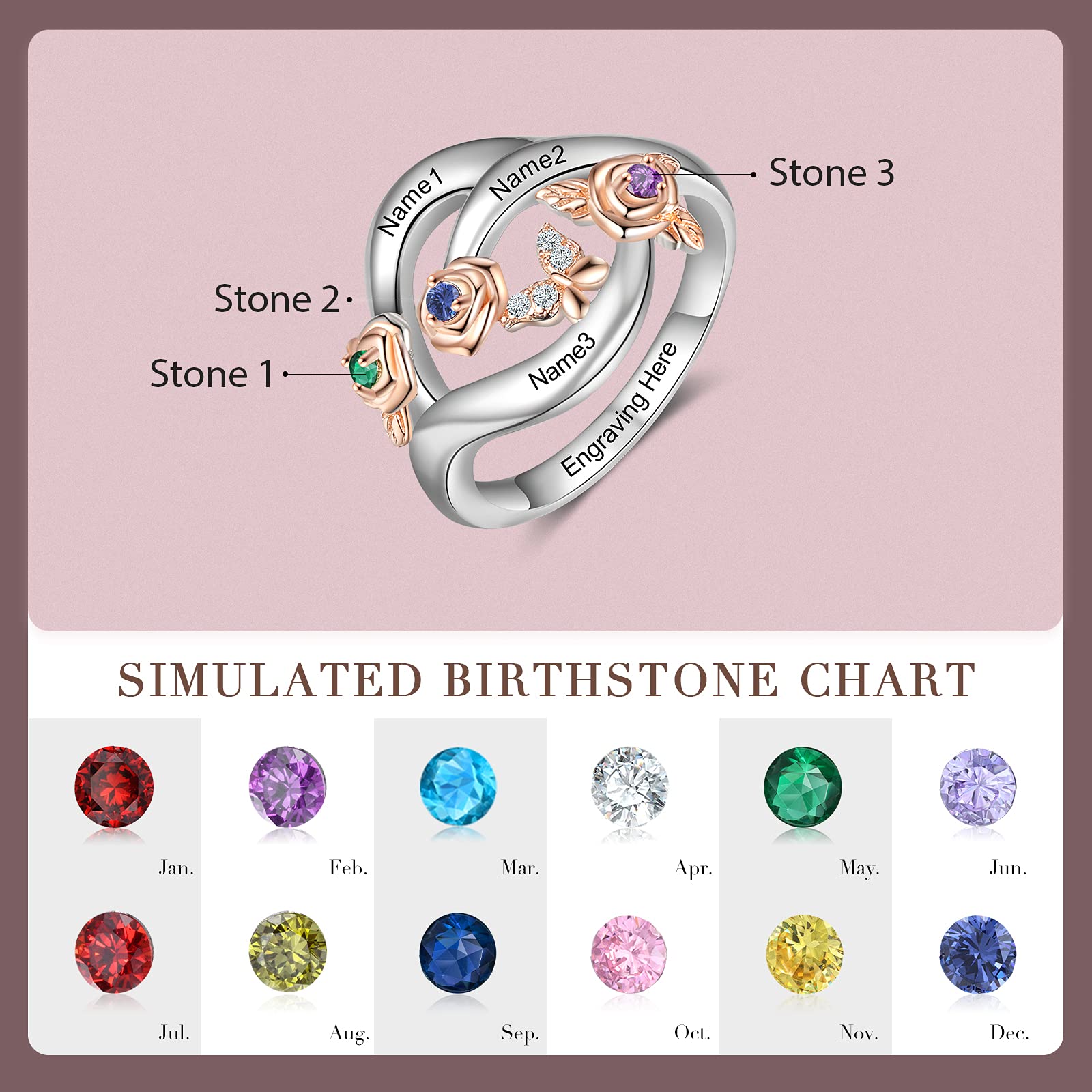 LanM Mothers Day Gifts Mothers Rings with 3 Birthstones Rose Ring Personalized Sterling Silver Custom Mom Ring with Name Gift for Wife Grandmother Family