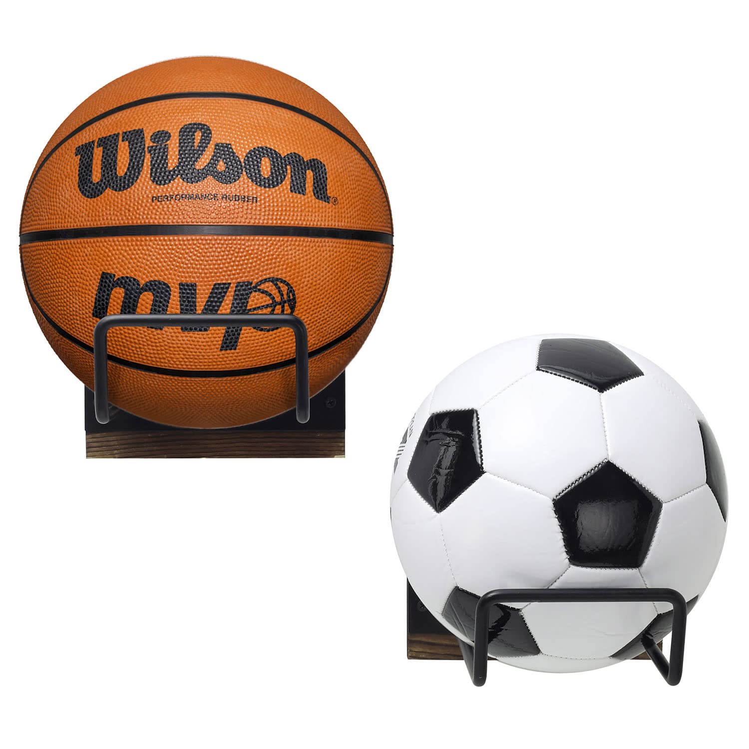 MyGift Black Metal Multi Sports Ball Storage Rack with Burnt Wood Wall Mount Backing, Exercise Ball, Medicine Ball, Basketball Display Holders, Set of 2