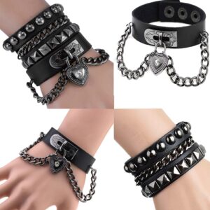 Perfect 4U Rivet Bracelet Multilayer Black Leather Cuff Heart Pendant Bangle Studded Chain Wrist Punk Sports Rock Bracelet Adjustable (Black Heart)