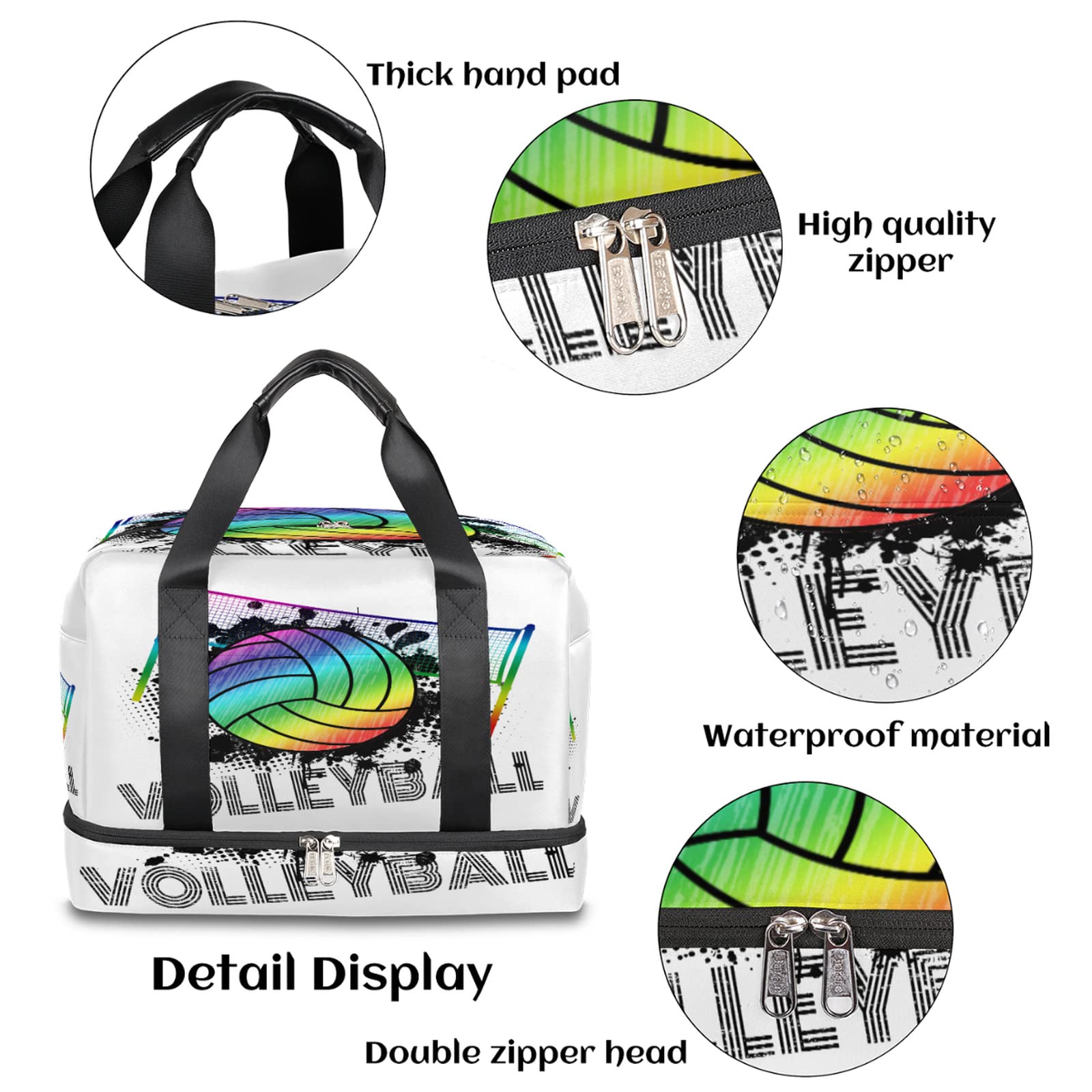 Rainbow Volleyball Sports Gym Bag with Shoes Compartment,Sport Ball Travel Duffel Bag for Men Women Boys Girls Teens Overnight Weekend Yoga Workout Bag Training Handbag