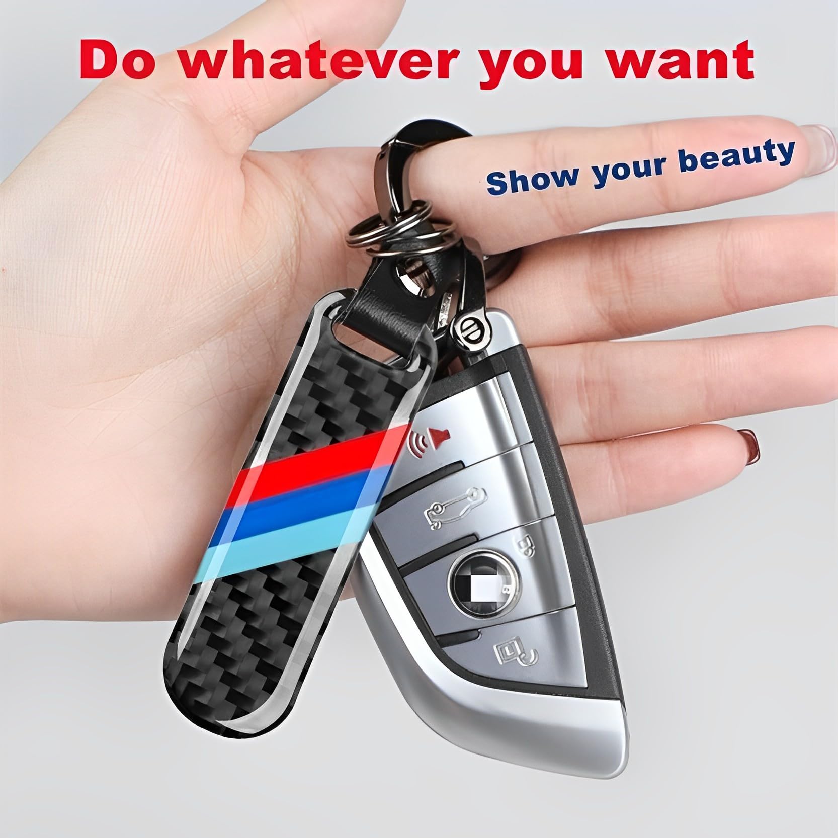 QOMAGO Car M 3 color keychain carbon fiber resin leather alloy Set Fashion Sports car keyring