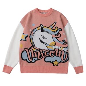 penny73 cartoon unicorn print sweater long sleeve matching couples sweatshirt warm for autumn and winter,pink,m(162cm60kg)