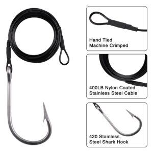 Fishing Shark Rig Big Game Stainless Steel Fishing Hooks with 400lb Nylon Coated Cable Leader Rigging Surf Shark Fishing Rigs for Shark Tuna Saltwater Fishing