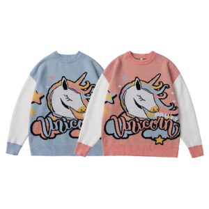 PENNY73 Cartoon Unicorn Print Sweater Long Sleeve Matching Couples Sweatshirt Warm for Autumn and Winter,Pink,M(162cm60kg)