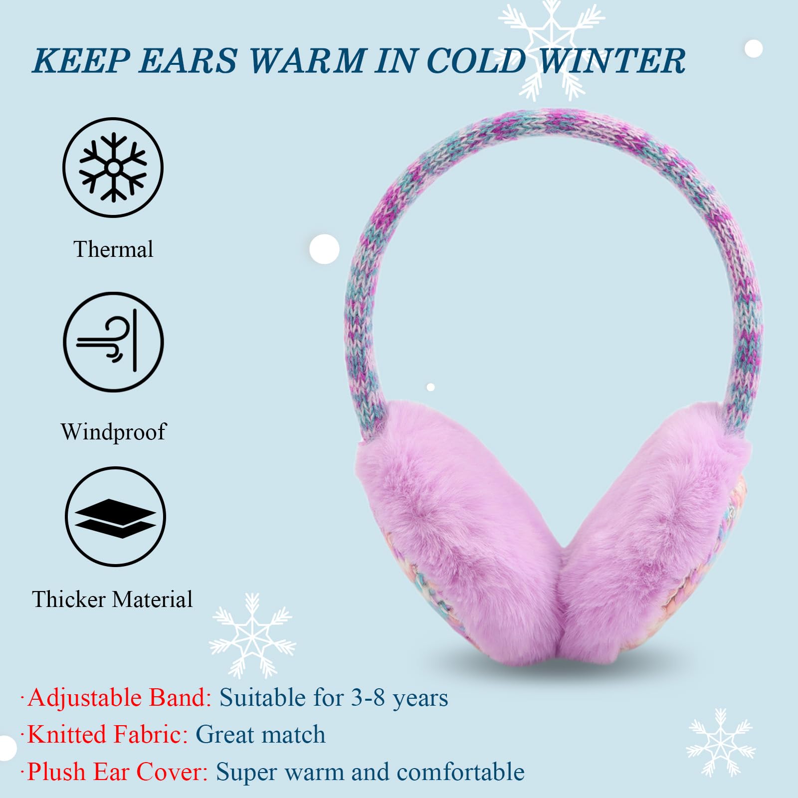 Winter EarMuffs for Kids Outdoor Boys Knitted Ear Cover Plush Toddler Girls Ear Warmer 3-8 Years (Purple)