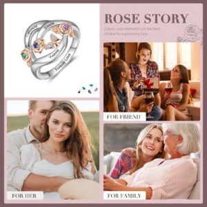 LanM Mothers Day Gifts Mothers Rings with 3 Birthstones Rose Ring Personalized Sterling Silver Custom Mom Ring with Name Gift for Wife Grandmother Family