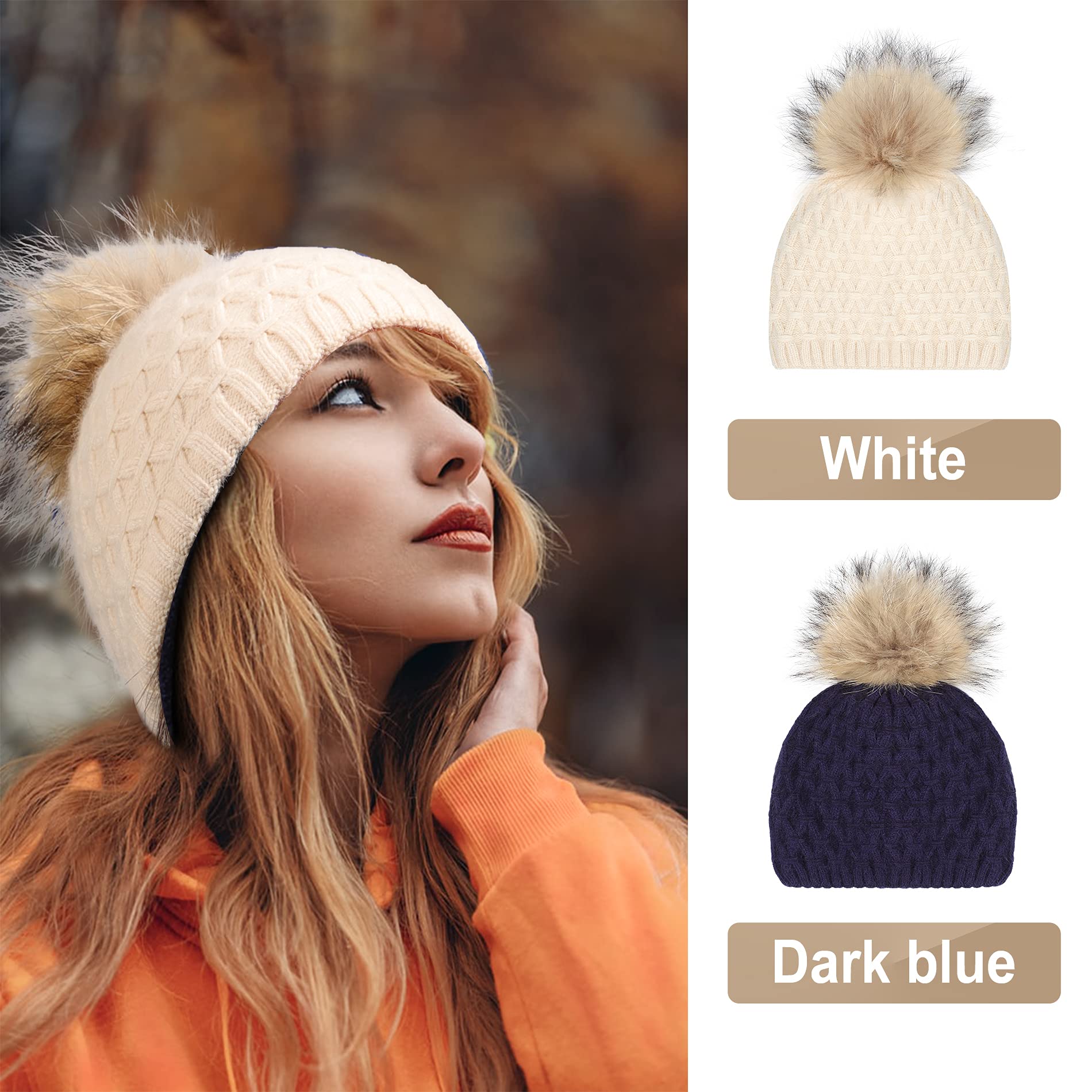 FXBSQF Women Double Cashmere Beanie,Pom Pom Beanie,Real Raccoon Bobble Beanie,Winter Warm Knitted Leisure Ski Cap,Detachable (White)