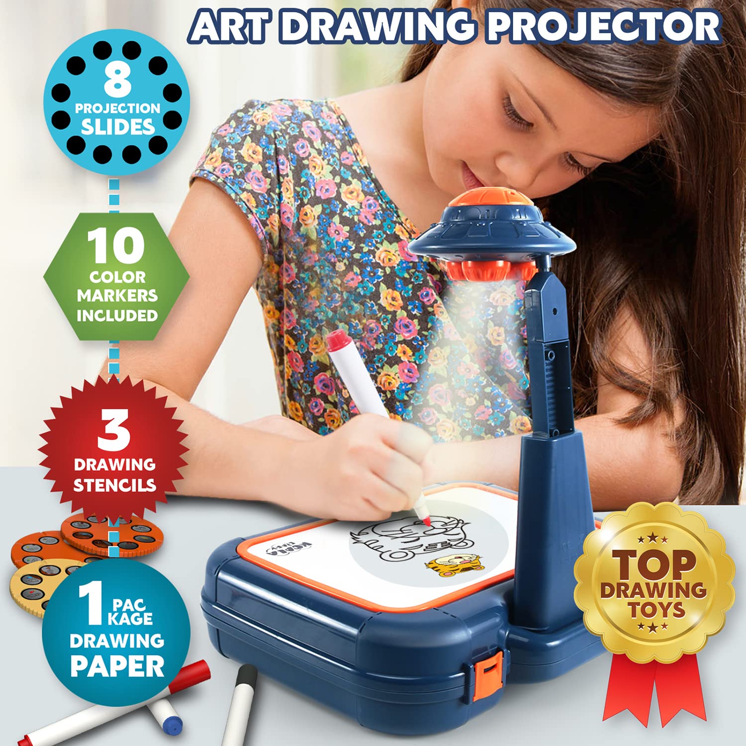 Drawing Projector for Kids, Toys for Girls 4-6, Art Sketch Projector Drawing and Tracing Include 64 Projection Image, Color Pen, Drawing Stencil, Kids Learn How to Draw Toys Set for Boys Girl ages 3-5