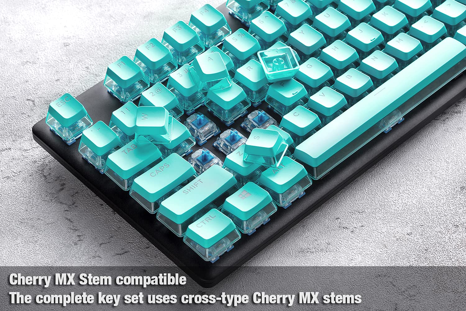 GUNMJO Crystal Pudding Keycap for Gaming Keyboard with Cherry MX Switches, ABS Translucent Keycaps for Backlit Mechanical Keyboard, OEM Profile 104 Keys with 6.25U Space Bar, Painted Teal Color