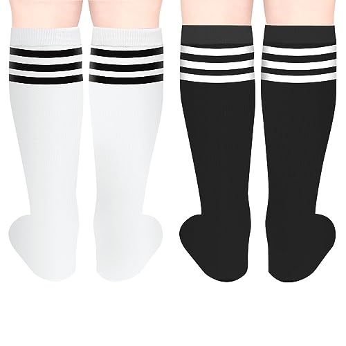 Gotneto Kids Soccer Socks Toddler Knee High Socks Cotton Boys Soccer Socks Stripes Knee High Tube Socks Uniform Sports Socks for Boys Girls Cute Kids Stockings White Black & Black White One Size