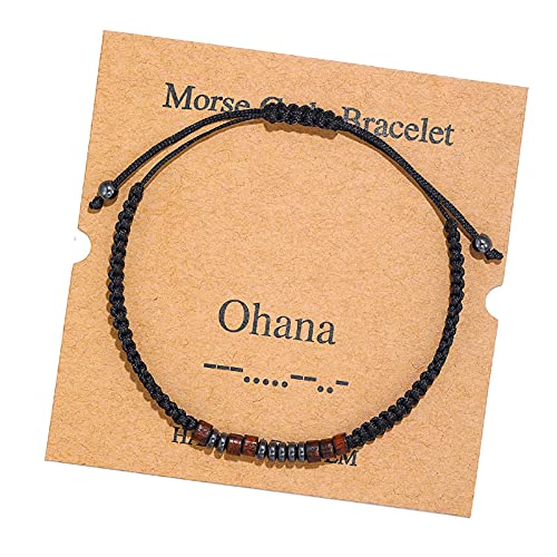 COLORFUL BLING Handmade Morse Code Bracelets Brown Silk Beaded Wrap Wood Adjustable Bracelet Inspirational Jewelry Best Friend for Women Men-Ohana