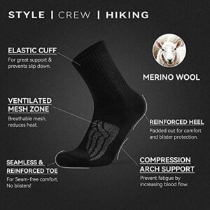 Socks Daze Black Merino Wool Hiking Socks Mens Size 10-13, Ladies Autumn Long Fuzzy Padded Anti-Blister Bike Trail Wool Socks Women Plus Size, Large, 4 Pairs Black