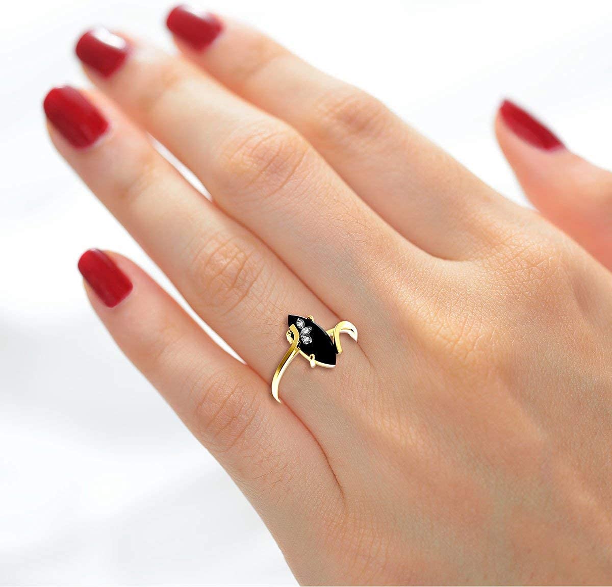 US Jewels Ladies 14K Yellow Gold Genuine Onyx Heart Black Diamond Ring, Size 5.5