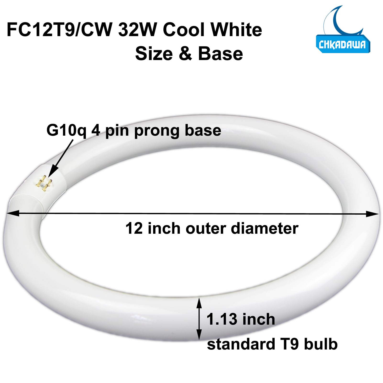 CHKADAWA FC12T9/CW 32W Cool White Round Fluorescent Light Bulb, 12 Inch T9 32 Watts Circular Bulbs, 12'' FCL 32 Circline Bulb 4100K 841, G10q 4 Pin Prong Base, 2 Pack