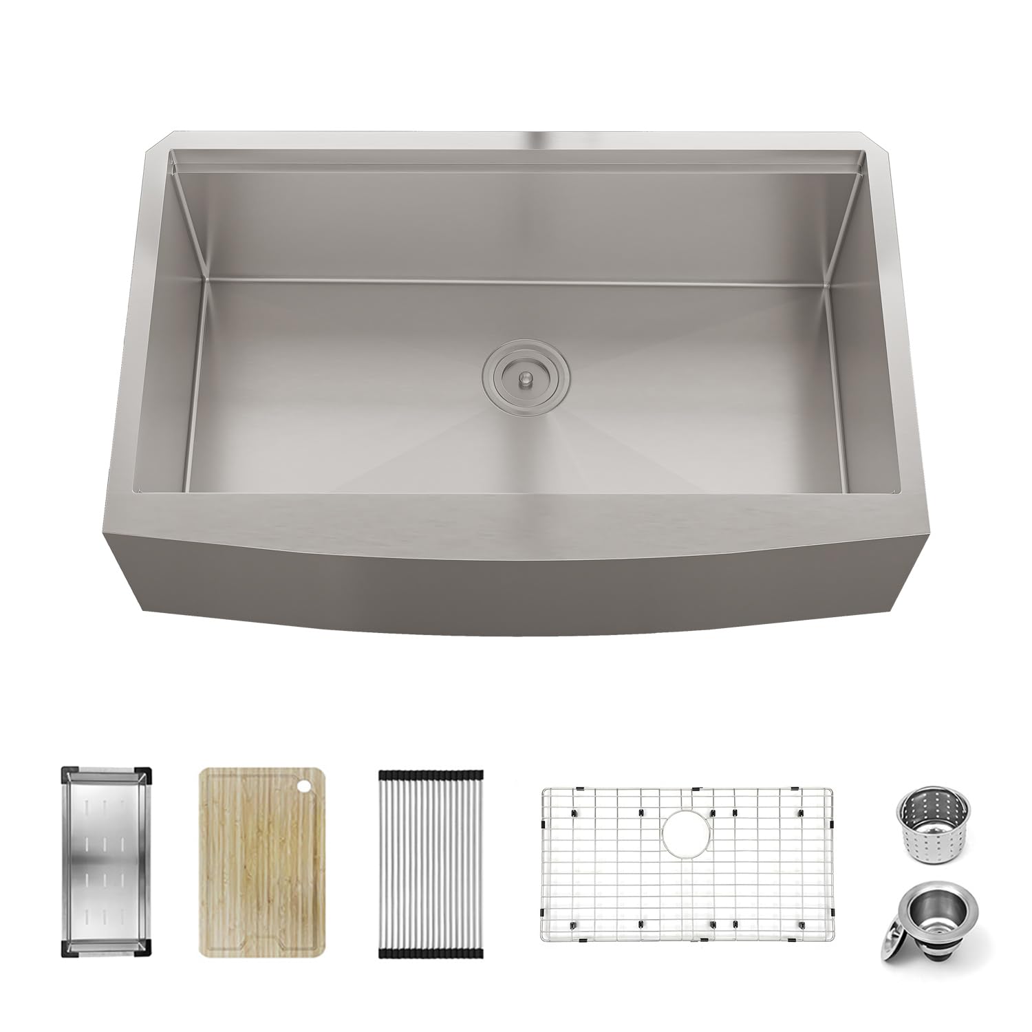 Sinber 33" x 21" x 10" Farmhouse Apron Single Bowl Workstation Kitchen Sink with 16 Gauge 304 Stainless Steel Satin Finish 6 Accessories KSS0004S-OK