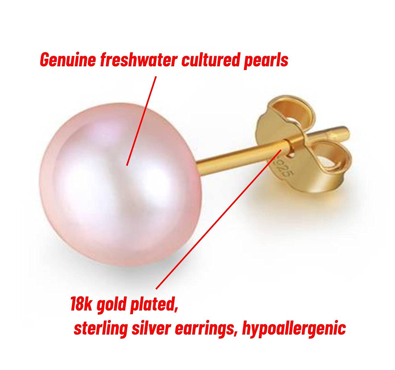 pink pearl 18K Gold stud Earrings for women Ladies Girl，Handpicked Genuine Freshwater aquaculture Cultured AAAA+ Pearls (pink-8mm)