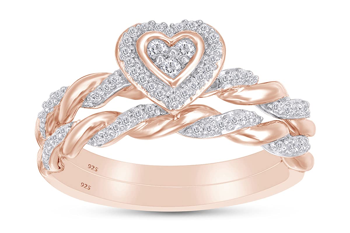 Wishrocks 1/5 Carat Round Cut White Natural Diamond Heart Shape Frame Twist Bridal Ring Set in 14k Rose Gold Over Sterling Silver (0.20 Cttw, Color- I-J, Clarity- I2) Ring Size- 8.5