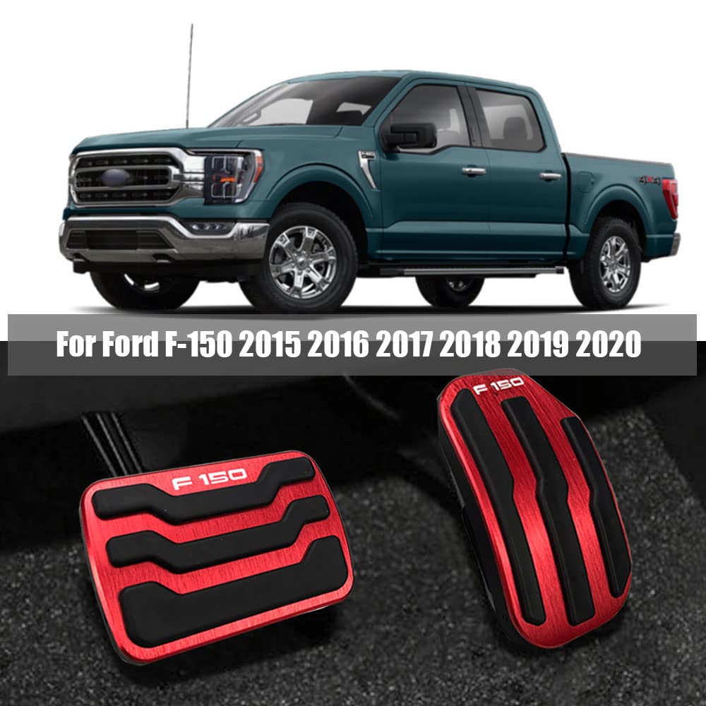 BOYOUS 2pcs No Drill Aluminum Pedal Covers Anti-Slip Brake and Gas Accelerator Pedal Pads for Ford F-150 2015 2016 2017 2018 2019 2020,Not Fit 2009-2014,2021 F150(Red)