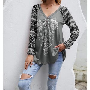 Mayntop Womens Tops Shirt Flower Graphic Striped Aztec Paisley Pattern Print Ethnic Long Sleeve Plus Size V-Neck Button Loose Blouse(A Gray,5XL)