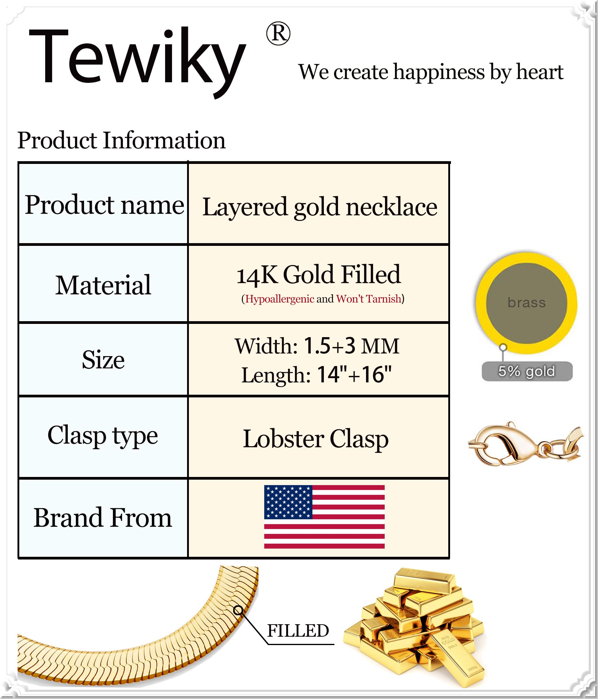 Tewiky 14k Gold Plated Herringbone Layered Necklace Set - Dainty Chain Choker for Women and Women