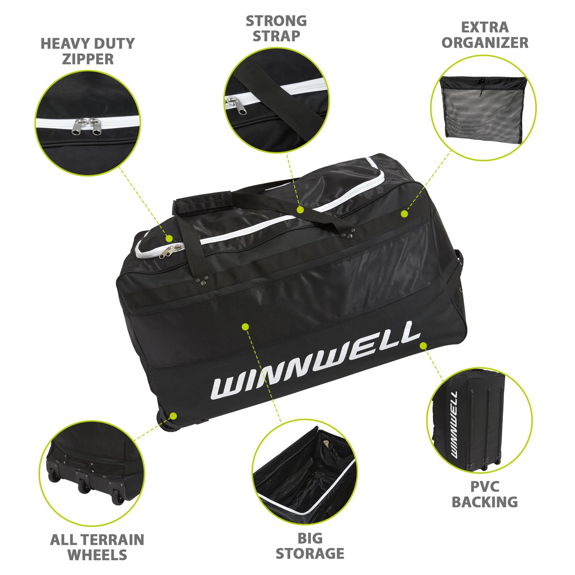 Winnwell Hockey Wheel Goalie Bag - Large Equipment Bag with Wheels to Store Goalie Gear - Made for Ice & Field Hockey Goalies - Junior