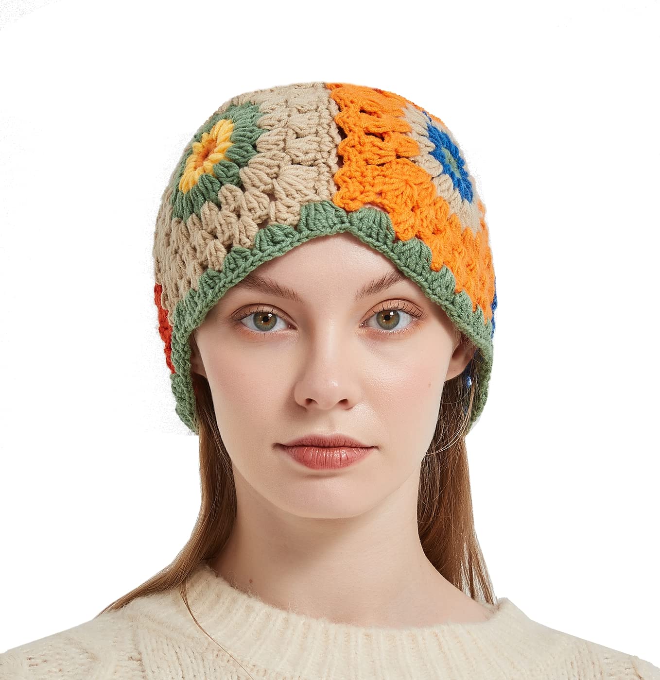 Women Knitted Beanies Cap Boho Knitting Bucket Hats Handmade Cloche Crochet Hats Fishing Hat Striped Floral Checkerboard