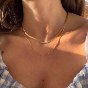 Tewiky 14k Gold Plated Herringbone Layered Necklace Set - Dainty Chain Choker for Women and Women