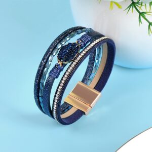 LightOnIt Leather Wrap Boho Bracelets for Women Blue Stone Crystal Braclet Birthday Gift Bohemian Trendy Layered Bracelet with Magnetic Clasp